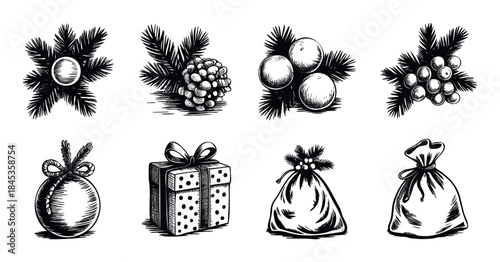 Black and white hand drawn festive ornaments, pine cones, berries, gifts, and gift bags perfect for winter holiday celebrations and New Years designs