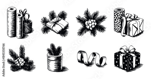 Vintagestyle black and white etchings of Christmas gifts, pine branches with berries, and gift wrap rolls for holiday celebrations and festive promotions.
