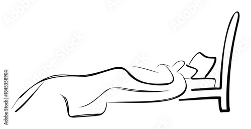 Minimalist outline of a person sleeping peacefully in bed with a pillow and blanket, conveying rest and comfort for relaxation or wellness themes.