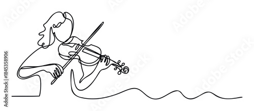 Minimalist line drawing of a person playing the violin, elegant single line symbol representing music and performance, perfect for concert promotion and audio branding
