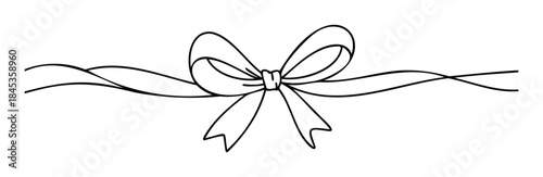 Simple black outline drawing of a bow tie with flowing ribbons across a white space, perfect for gift wrapping or celebratory event decorations.
