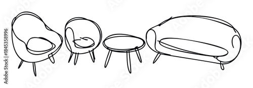 Modern furniture set including armchairs and sofa with round coffee table rendered in simple continuous line drawing style for minimalist interior decoration concepts.