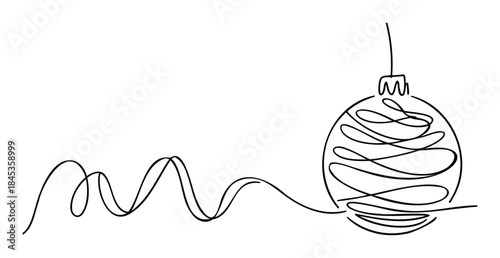 Minimalist single line drawing of a festive Christmas ornament hanging with swirling ribbon, ideal for holiday greetings and seasonal celebrations.