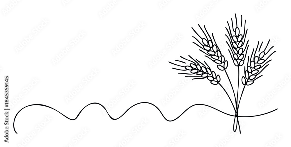 Obraz premium Minimalist line drawing of wheat stalks and a wavy line, representing nature and agriculture, perfect for branding and editorial use.