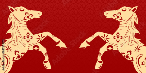 Happy Chinese new year 2026 , modern design set in red, gold and white colors , Year of the horse zodiac , Asia oriental traditional ornament, frame and border ,