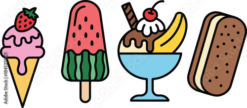 Colorful ice cream dessert collection vector illustration featuring cone popsicle banana split sundae sandwich icons isolated white background flat design
