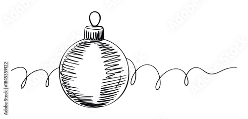 A simple black line drawing of a spherical Christmas ornament with a wavy string attached, perfect for festive greetings and winter holiday designs.