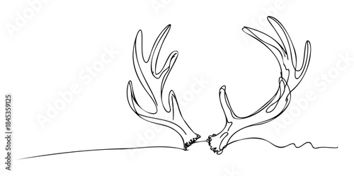 Minimalist single line drawing of deer antlers gracefully curving upwards from a rough ground line, perfect for nature themes and wild animal presentations