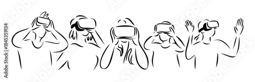 Five figures wearing virtual reality headsets, gesturing and reacting, representing immersive technology experiences and digital engagement for various applications and platforms.