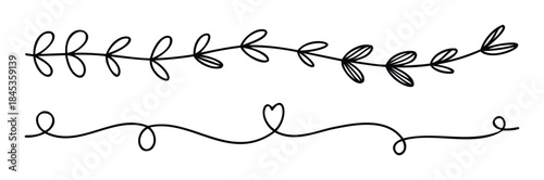 Elegant hand drawn floral vine and heart swirl line dividers for decorative accents in graphic projects, invitations, and scrapbooking embellishments.