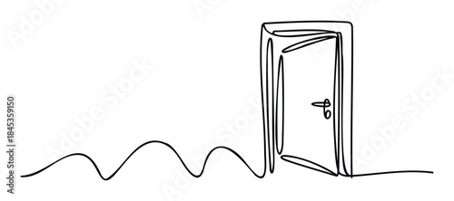 Minimalist continuous line drawing of an open door with a wavy path leading towards it, perfect for concepts of opportunity and progress, suitable for various applications.