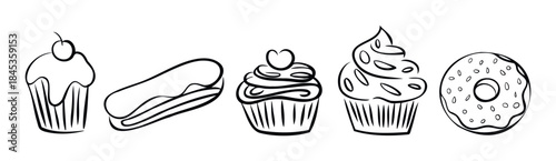 Collection of five black and white line drawings of delicious baked goods including cupcakes, eclairs, and donuts perfect for food promotion and bakery themes.
