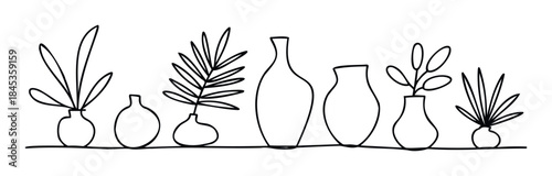 Minimalist line art collection of assorted vases and potted plants creating a simple and elegant shelf display suitable for home decor and wellness applications.