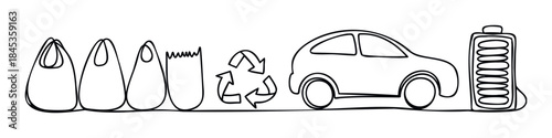 Sequence of objects symbolizing transition to sustainable mobility and energy including shopping bags recycling symbol car and battery for environmental themes