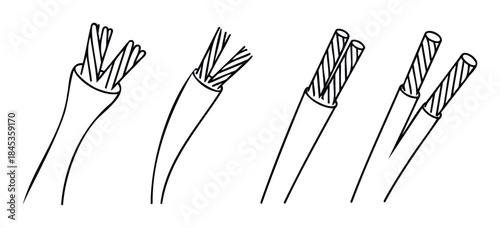 Set of four black and white line drawings showcasing various types of stripped electrical wires and cables for use in technical and instructional material.