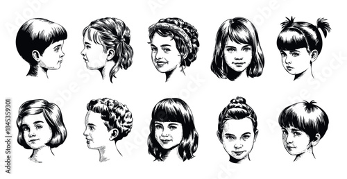 Collection of child portrait sketches in black and white, featuring diverse hairstyles and expressions, perfect for editorial use and creative projects.