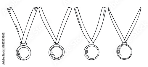 Collection of four simplified line drawing awards representing victory and achievement with ribbons and circular medals, perfect for sports or academic recognition graphics
