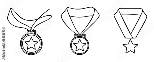 Collection of three outline award medals with stars and ribbons for recognizing achievement and excellence in competitions or events.