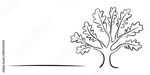 Simple black and white line drawing of an oak tree with lobed leaves and a ground line, perfect for natural themes and organic branding applications.