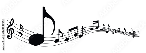 Musical notes and staff flowing rhythmically across a white background, perfect for music education, performance announcements, or creative projects.