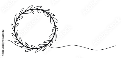 Delicate black line drawing of a circular wreath with leaves and a flowing vine stem, perfect for natural invitations and organic branding projects.