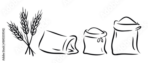 Set of hand drawn wheat ears and sacks of flour representing agricultural harvest and food production for use in food industry and farming related projects