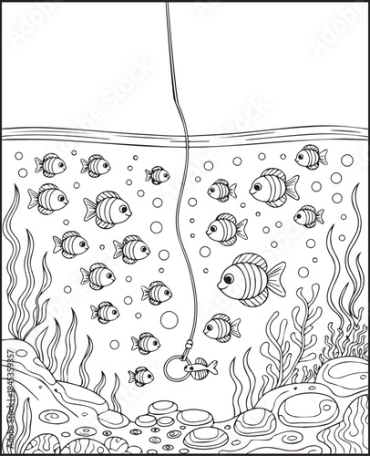 Beautiful fishing in outdoor scene black line art vector illustration coloring page for kids, Educational adventure activity book for children