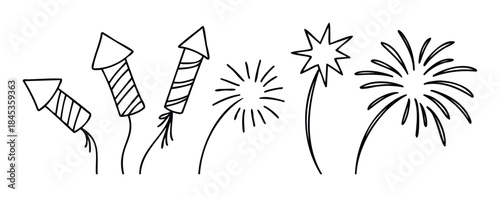 Collection of simple line drawing fireworks and rockets for celebration and festive occasions ready for use in holiday designs.