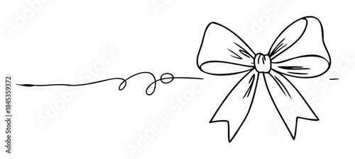 Simple black outline drawing of a bow with decorative flowing line on a plain background, perfect for gift packaging and celebratory decorations