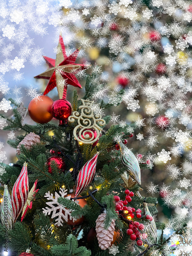 Computer illustration. Background for a holiday card. A decorated Christmas tree with a Christmas star and a frame of graphic snowflakes.