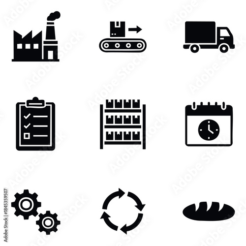 Collection of logistics and industry icons including factory, conveyor belt, truck, clipboard, warehouse, calendar, gears, and bread for supply chain concepts.