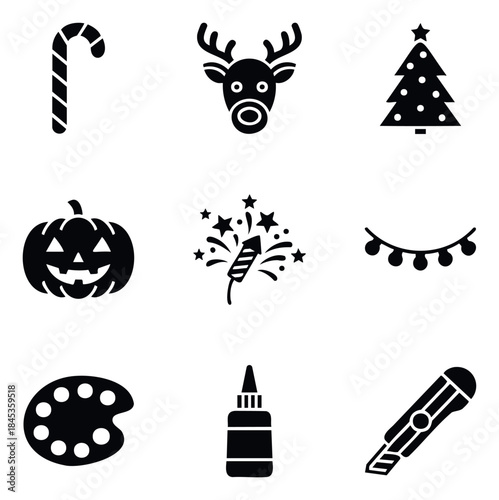 Collection of holiday and celebration icons including candy cane, reindeer, Christmas tree, pumpkin, fireworks, lights, paint palette, glue bottle, and craft knife, useful for seasonal