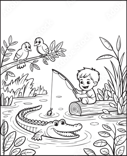 Cute boy fishing in outdoor scene with fishing rod black line art vector illustration coloring page for kids, Educational adventure activity book for children