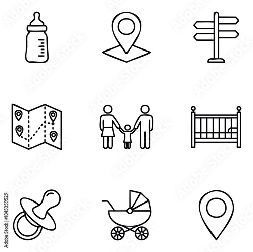 Collection of icons representing baby care items and navigation symbols for travel and family needs, perfect for apps, websites, and informational graphics.