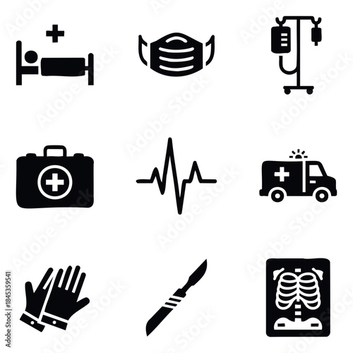 Collection of Medical and Healthcare Icons Featuring Hospital Bed, Mask, IV Drip, First Aid Kit, Heartbeat, Ambulance, Gloves, Scalpel, and X Ray for Health Related Concepts