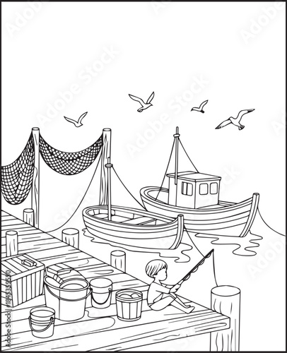 Cute boy fishing in outdoor scene with fishing rod black line art vector illustration coloring page for kids, Educational adventure activity book for children