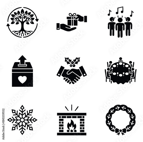 Collection of festive and charitable symbols including a tree of life, gift exchange, carolers, donation box, handshake, dinner gathering, snowflake, fireplace, and wreath for holiday