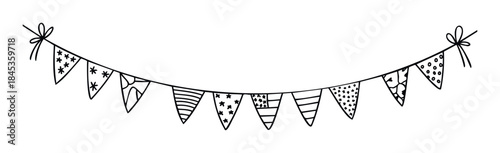 Hand drawn black and white festive pennant garland with various fun patterns and bows, perfect for party celebrations and decorations.