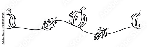 Whimsical line art border with pumpkins and autumn leaves on a wavy line for seasonal greetings and Thanksgiving decorations.