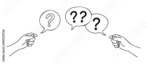 Two hands gesturing with question marks in speech bubbles, symbolizing communication and uncertainty for discussion or problem solving concepts.