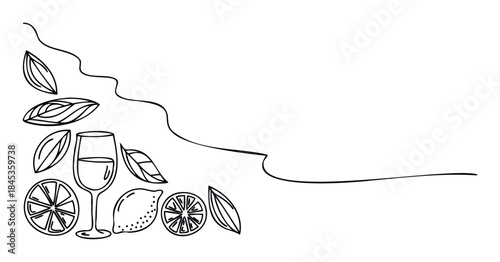 Fresh lemons and a wine glass with leaves and wavy lines create a refreshing corner border for beverage promotions and summer themed projects