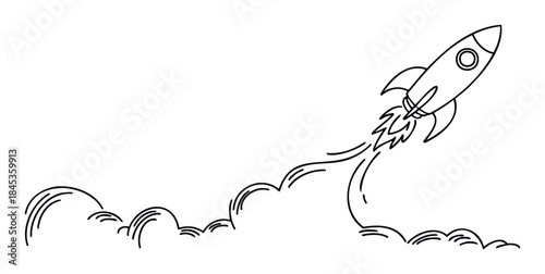 Bold rocket blasting upwards leaving fiery exhaust trails and smoke clouds, perfect for conveying themes of launch, innovation, and success in projects or business ventures.