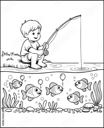 Cute boy fishing in outdoor scene with fishing rod black line art vector illustration coloring page for kids, Educational adventure activity book for children