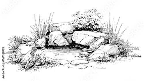 Black and white line drawing of a small garden pond with rocks and different plants for architecture
