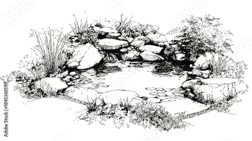 Black and white line drawing of a small garden pond with rocks and different plants for architecture