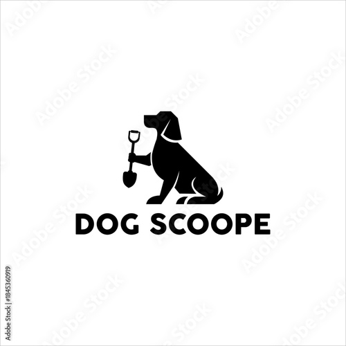 Modern black vector logo featuring a stylized sitting dog holding a small shovel, representing pet waste cleanup or care service.