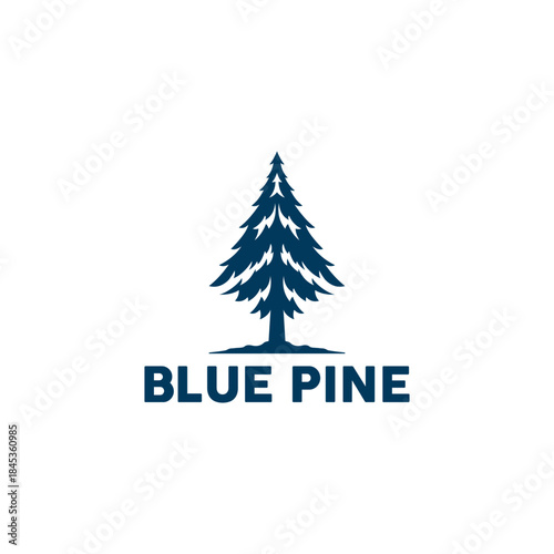Minimalist deep blue pine tree vector logo with stylized sharp intimate apparelnches and bold 'blue pine' typography