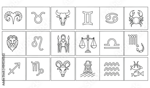 a collection of twelve distinct astrological signs depicted in simple black and white line art arranged in a grid pattern for easy viewing
