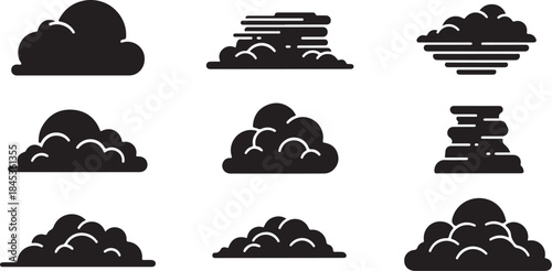 Nine black cloud icon set variations