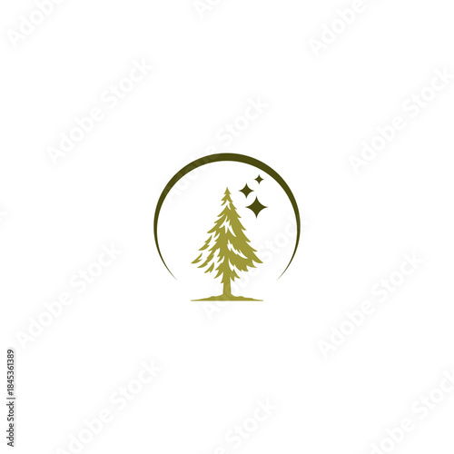 Modern olive green pine tree vector emblem within a dark green curved arc with three star shapes